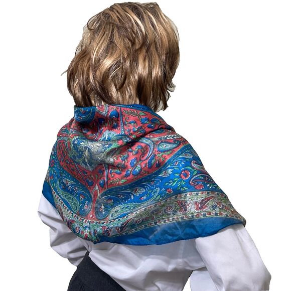 Vintage 100% Silk Scarf Shawl Head Wrap Blue approx. 70x18” - Picture 1 of 9